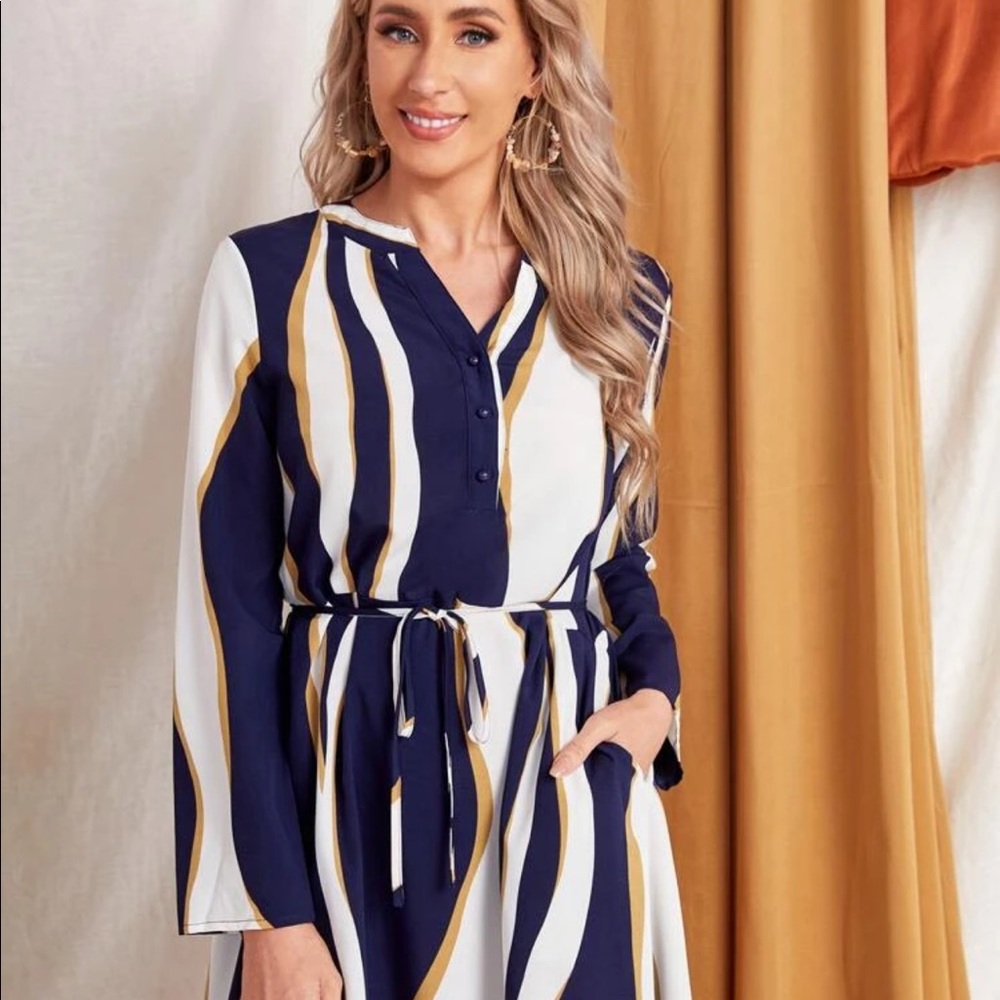 🆕 Emery Rose- Color Block Print Half Button Belted Dress - Picture 3 of 4